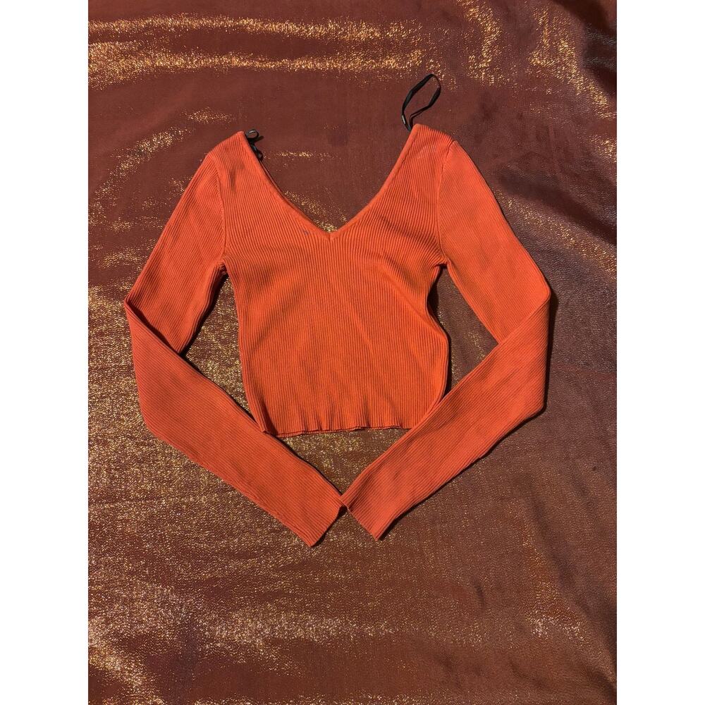 Forever 21 Top Womens S Ribbed V-Neck Cropped Long Sleeve Orange Red Fitted